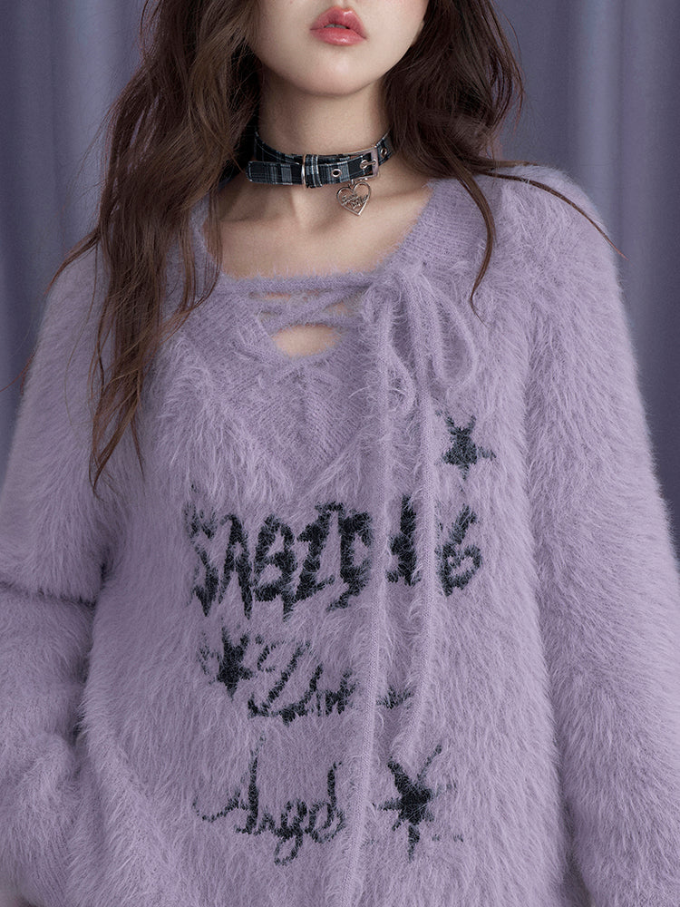 Purple V-Neck Decorative Tie Faux Mink Loose Sweater