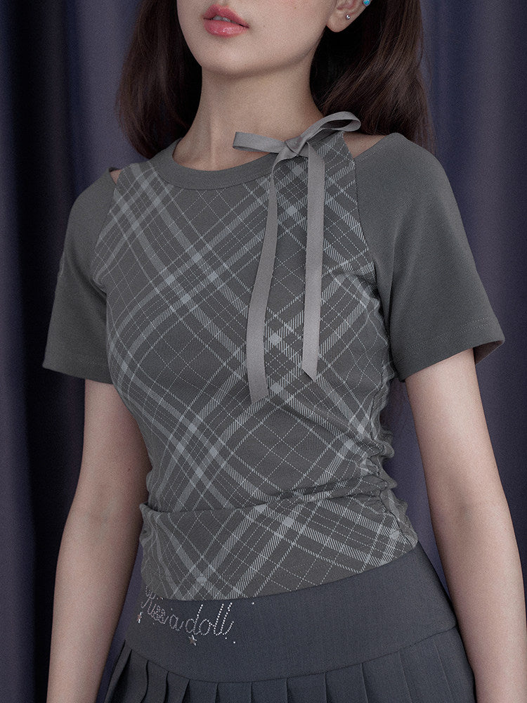 Gray Plaid Bow Cutout Ruched Tee