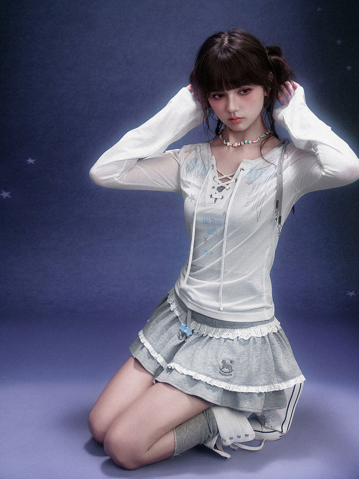 Gray Lace Trim Tiered Mini Skort