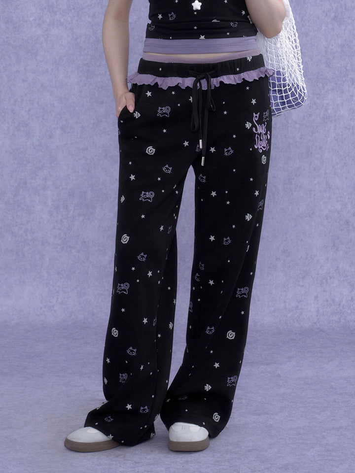 Black Cat Star Print Ruffle Wide Leg Pants