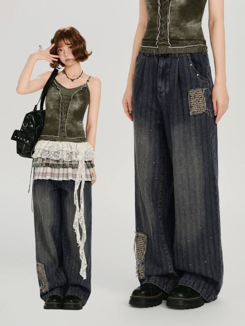 Distressed Patchwork Faded Wide Leg Jeans