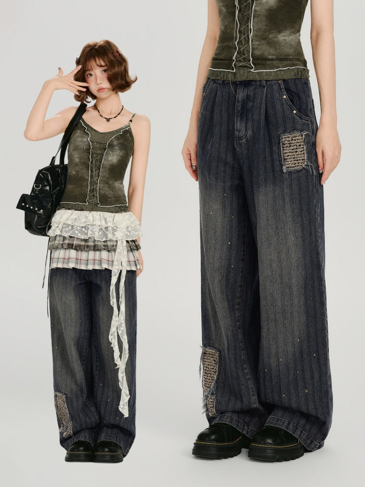 Distressed Patchwork Faded Wide Leg Jeans