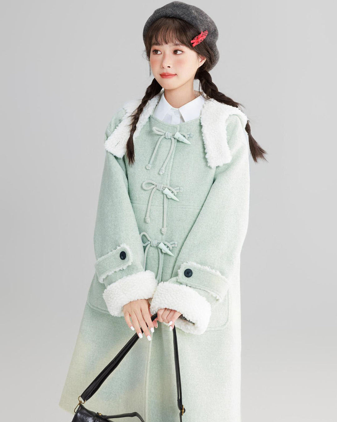 Mint Green College-style Thickened Wool Coat for Winter