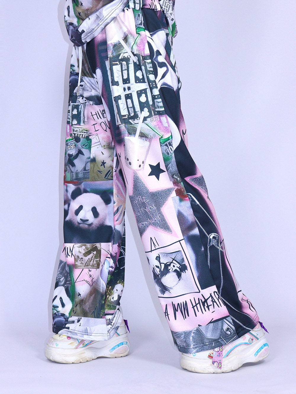 Black Pink Panda Graphic Wide Leg Pants