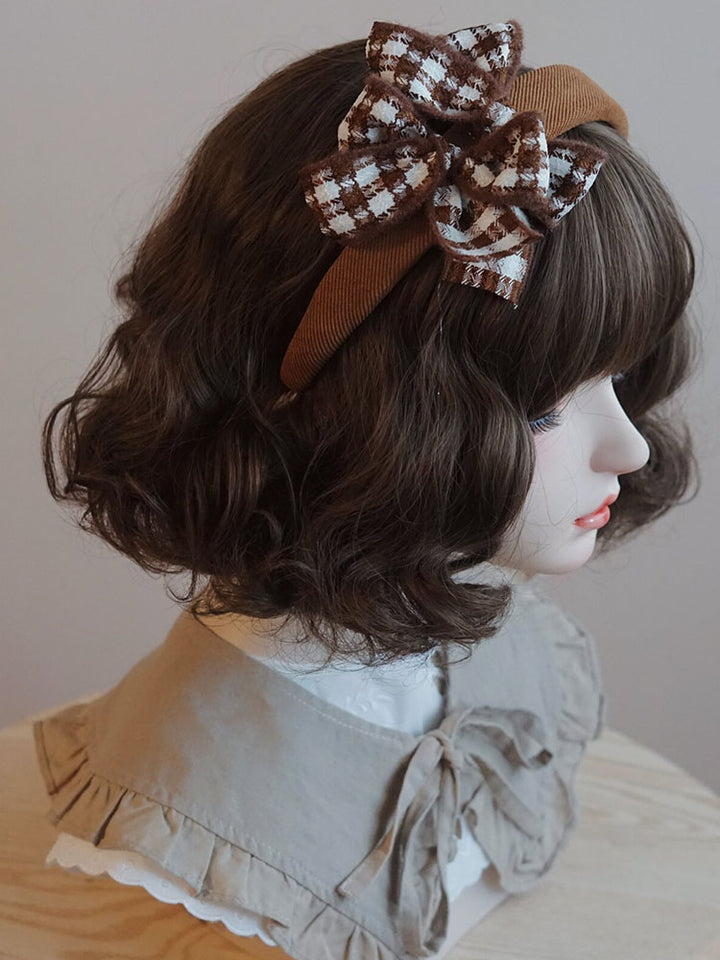 Brown Houndstooth Bow Padded Headband