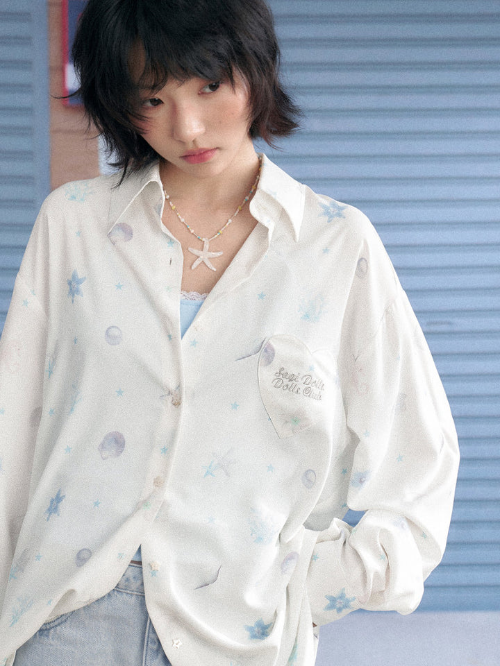 Oversized Subcul Marine Heart Pocket Long Sleeve Shirt