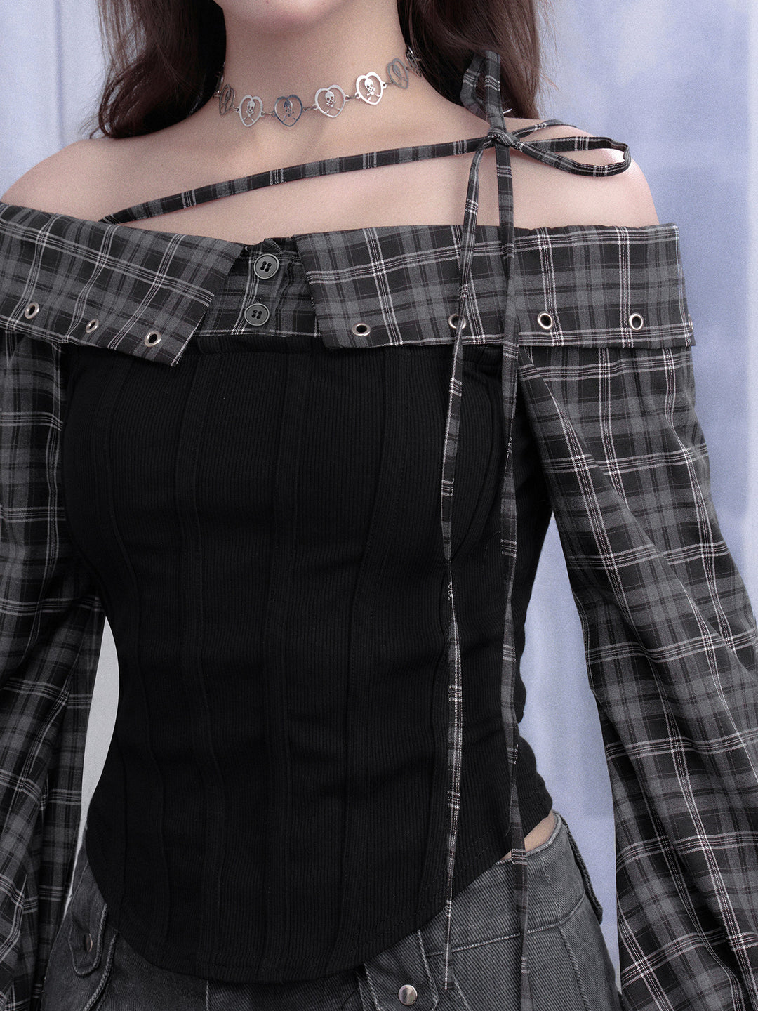 Subcul Grunge Plaid Off-Shoulder Corset Top