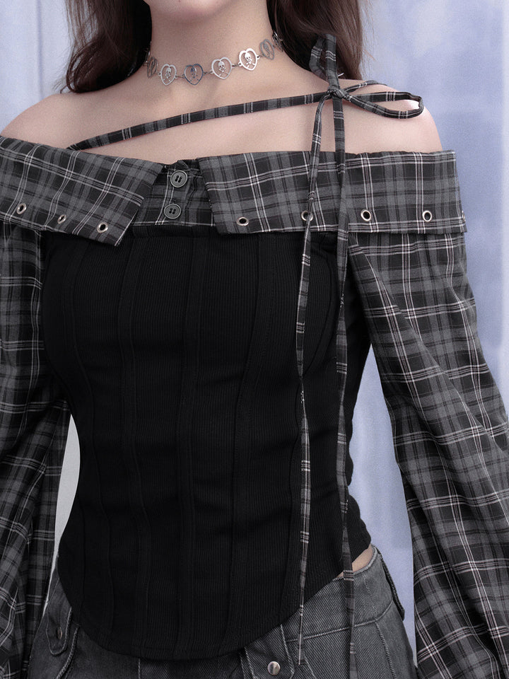 Subcul Grunge Plaid Off-Shoulder Corset Top