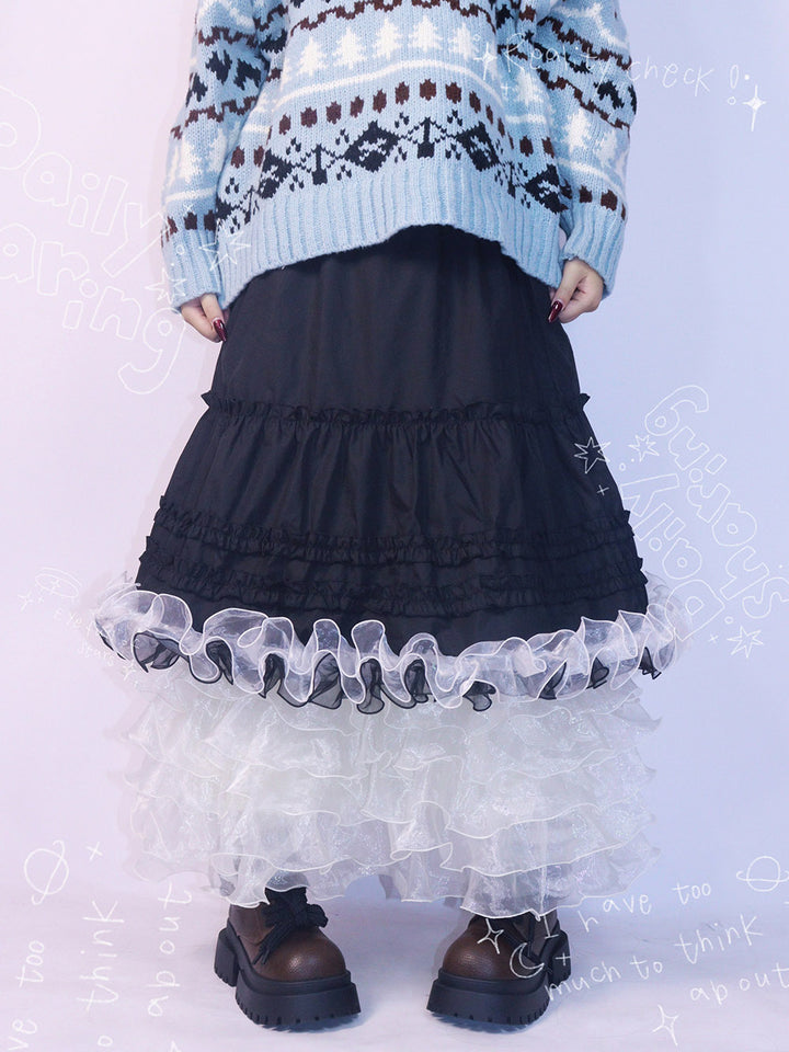 Black Contrast Ruffle Tiered Midi Skirt