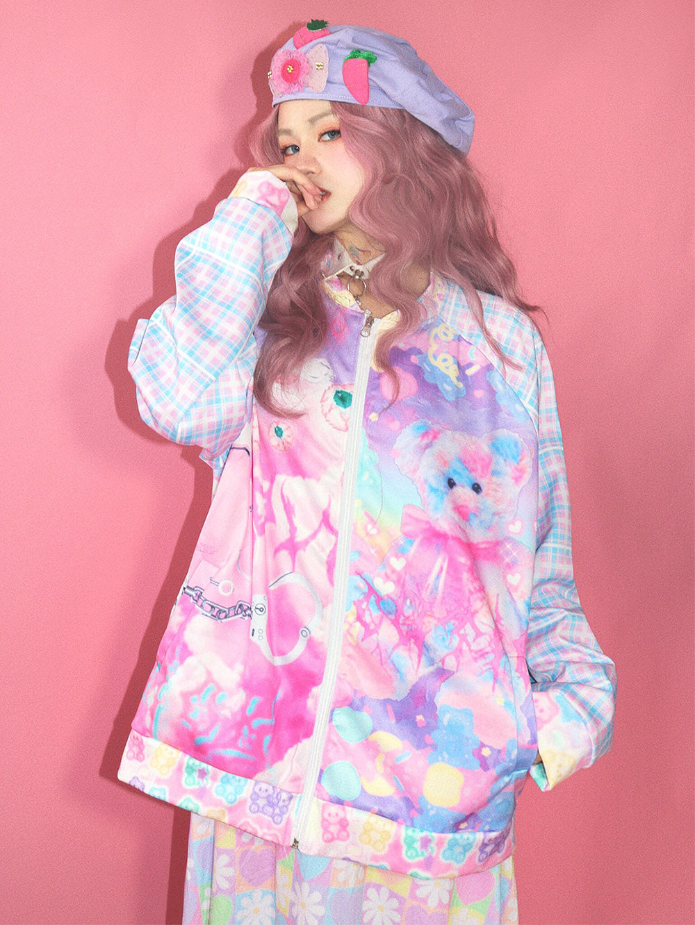 Pastel Teddy Bear Print Zip Jacket