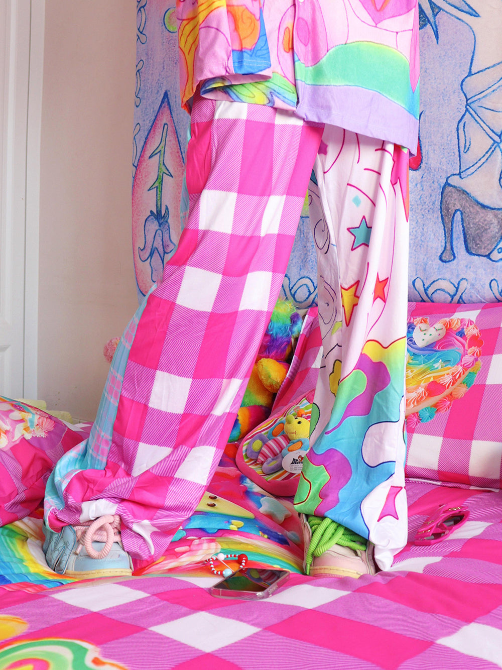 Mismatched Star Check Wide Leg Pants