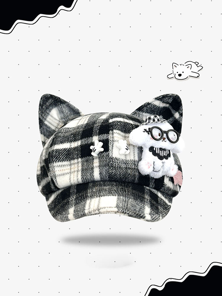 Plaid Kitten Ear Cap with Plush Puppy Detail