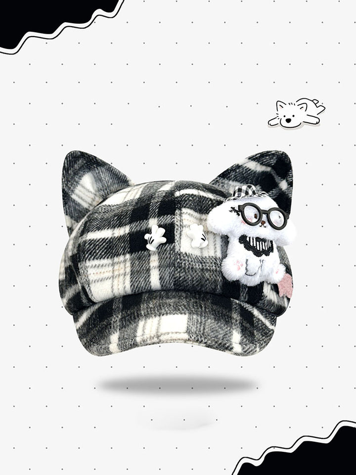 Plaid Kitten Ear Cap with Plush Puppy Detail