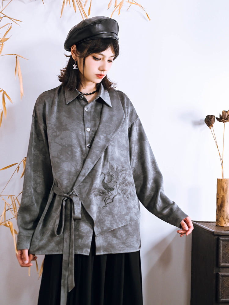 Chinese-style asymmetrical patchwork and embroidery shirt