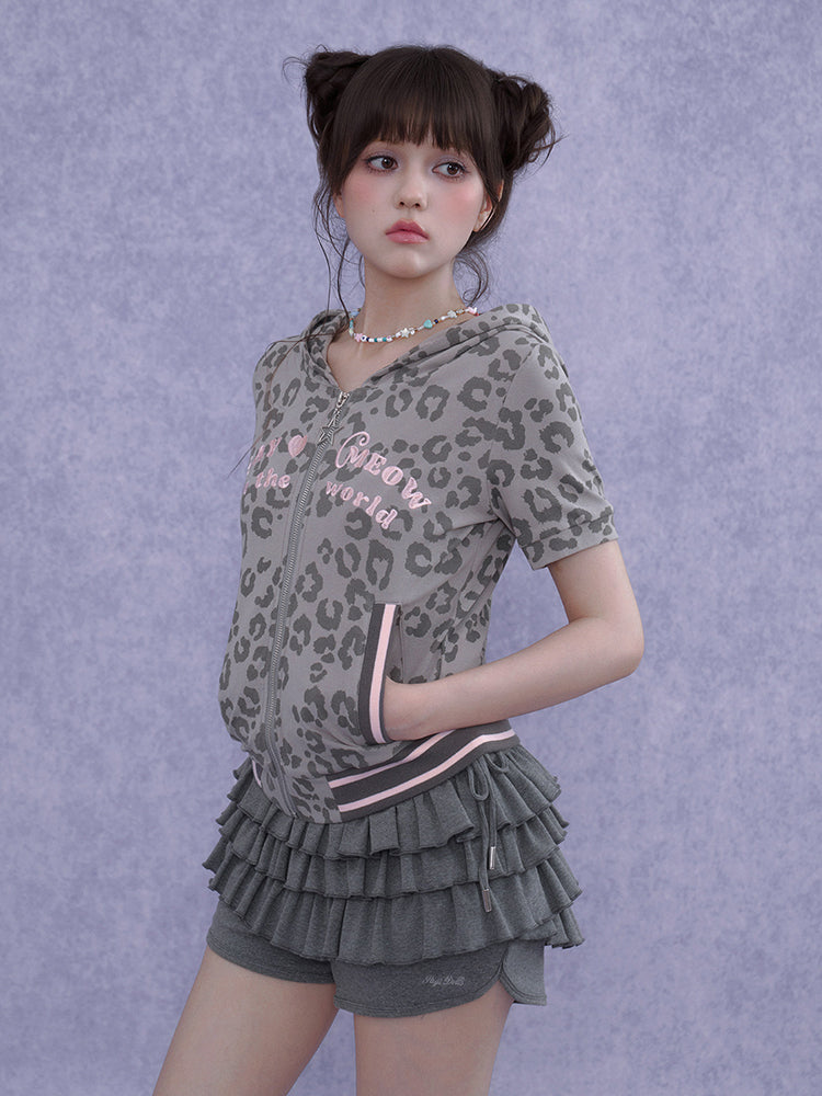 Leopard Print Cat Ear Short Sleeve Hoodie