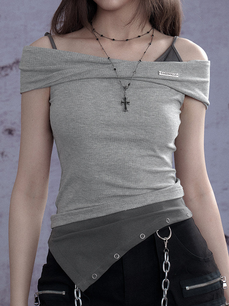Subcul Grunge Off-Shoulder Asymmetric Ribbed Top
