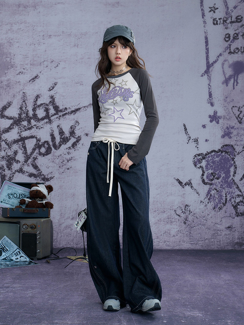Dark Wash Star Drawstring Wide Leg Jeans