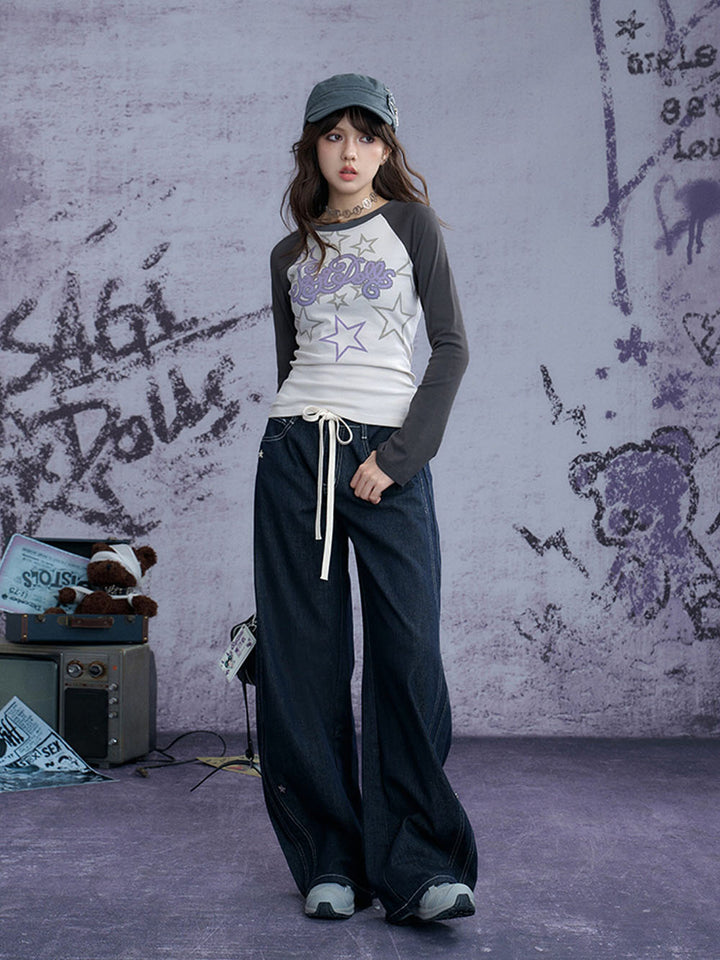 Dark Wash Star Drawstring Wide Leg Jeans