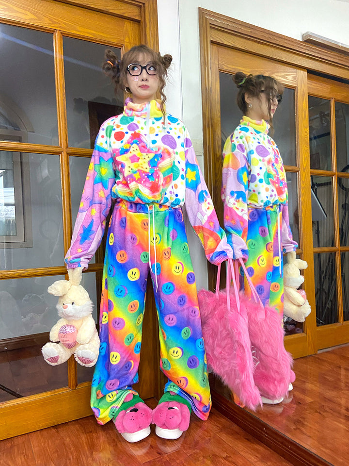 Rainbow Smiley Face Wide Leg Pants