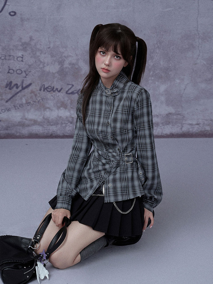 Grunge Asymmetric Plaid Buckle Neck Top