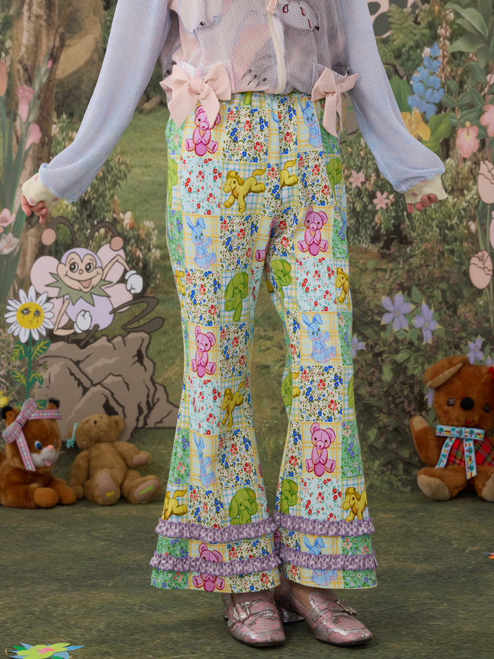 Patchwork Animal Floral Ruffle Flare Pants