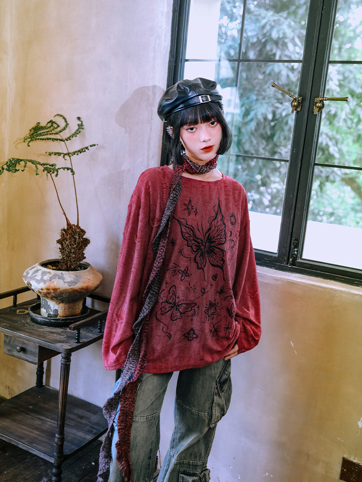 Butterfly Print Red distressed long-sleeve top