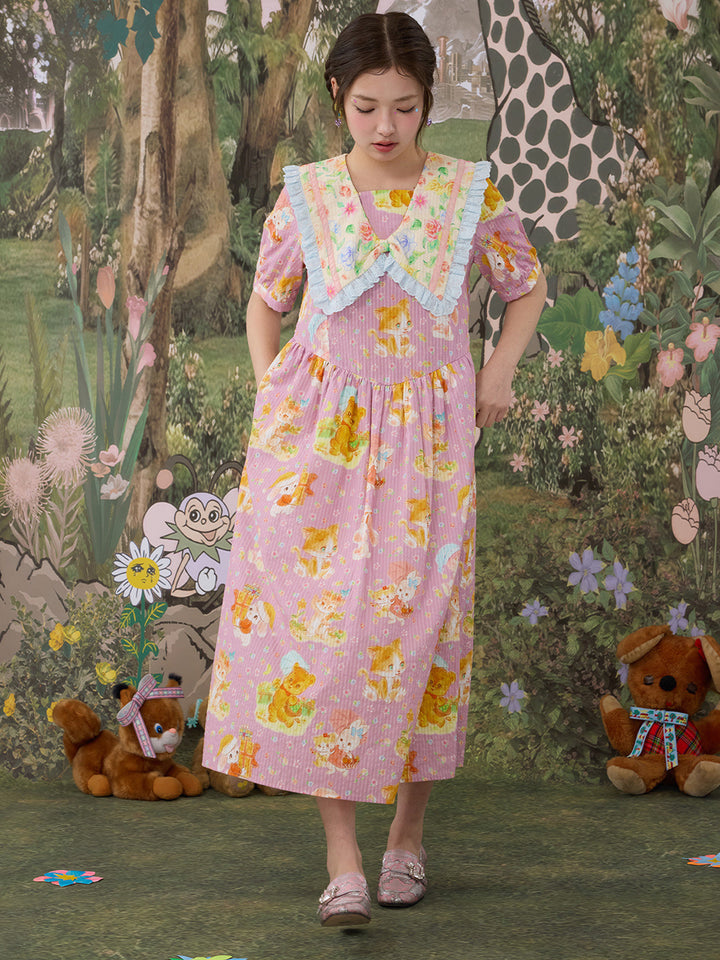 Pink Animal Print Sailor Collar Midi Dress