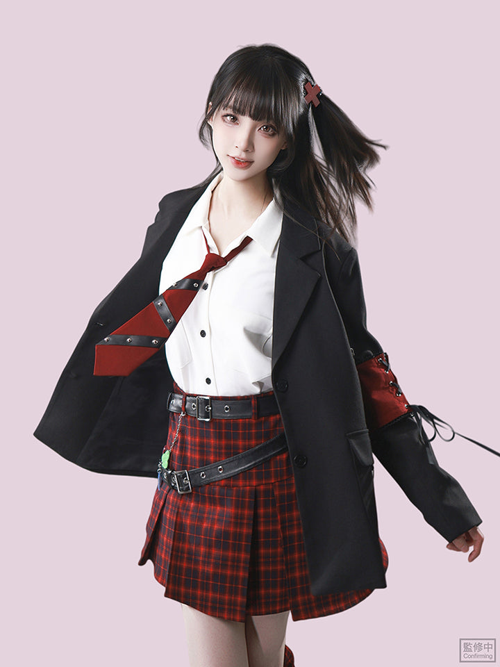 Punk Red Plaid Belted Skirt