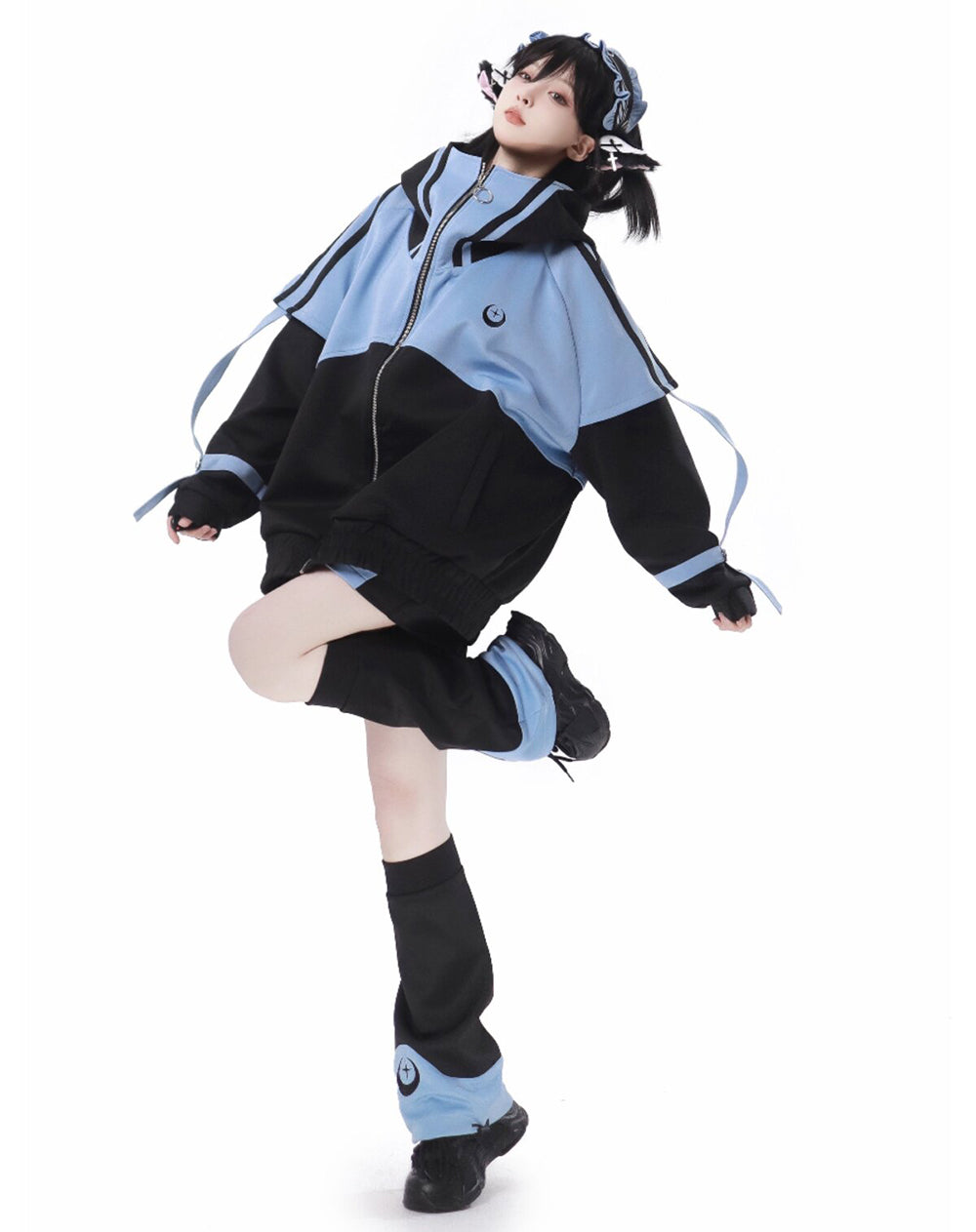 Cyber Y2K Color Block Jacket Shorts Pants Leg Warmers Headband