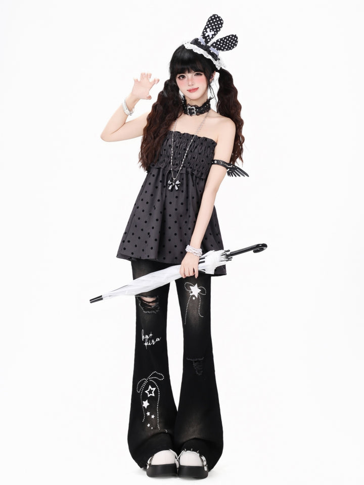 Black Polka Dot Smocked Ruffle Babydoll Top
