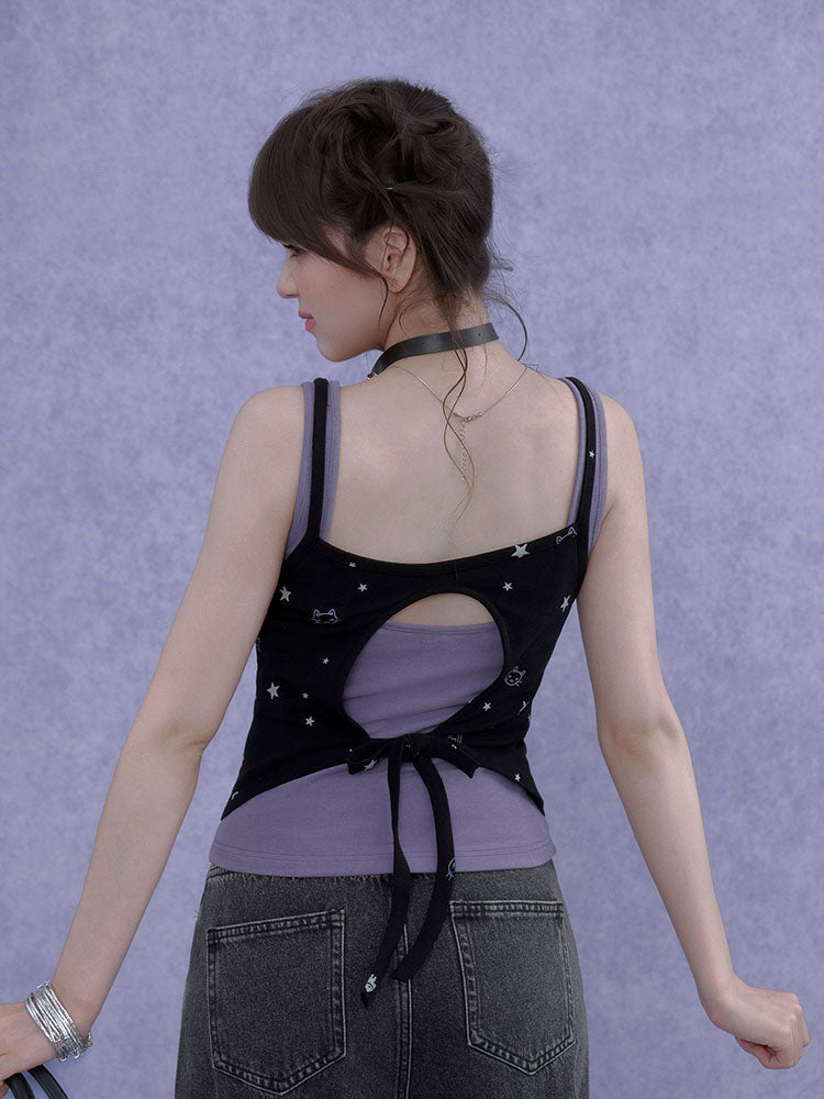 Subcul Jirai Cat Star Print Cutout Cami Top