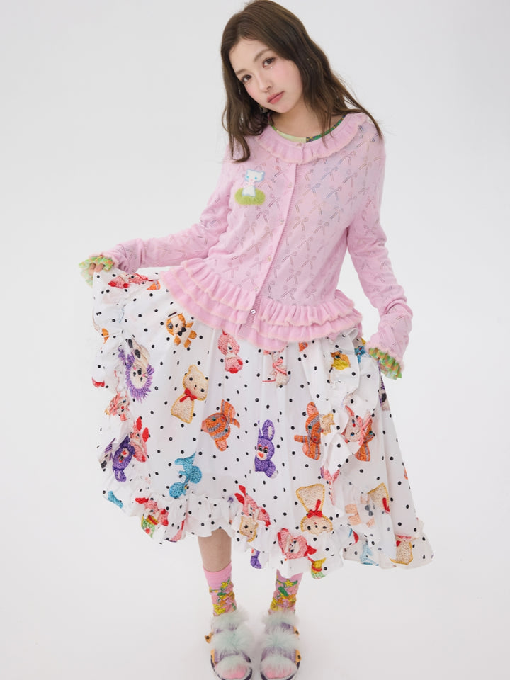 Cute Pink Ruffle Hem Knit Cardigan