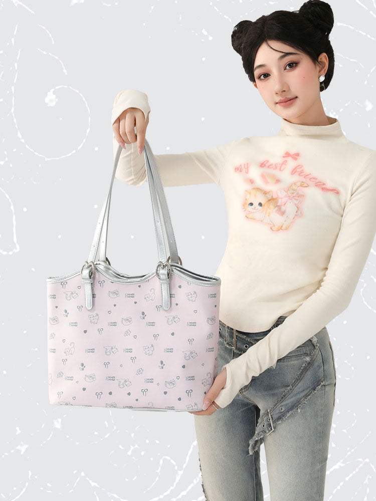 Large-capacity cat and floral print tote bag