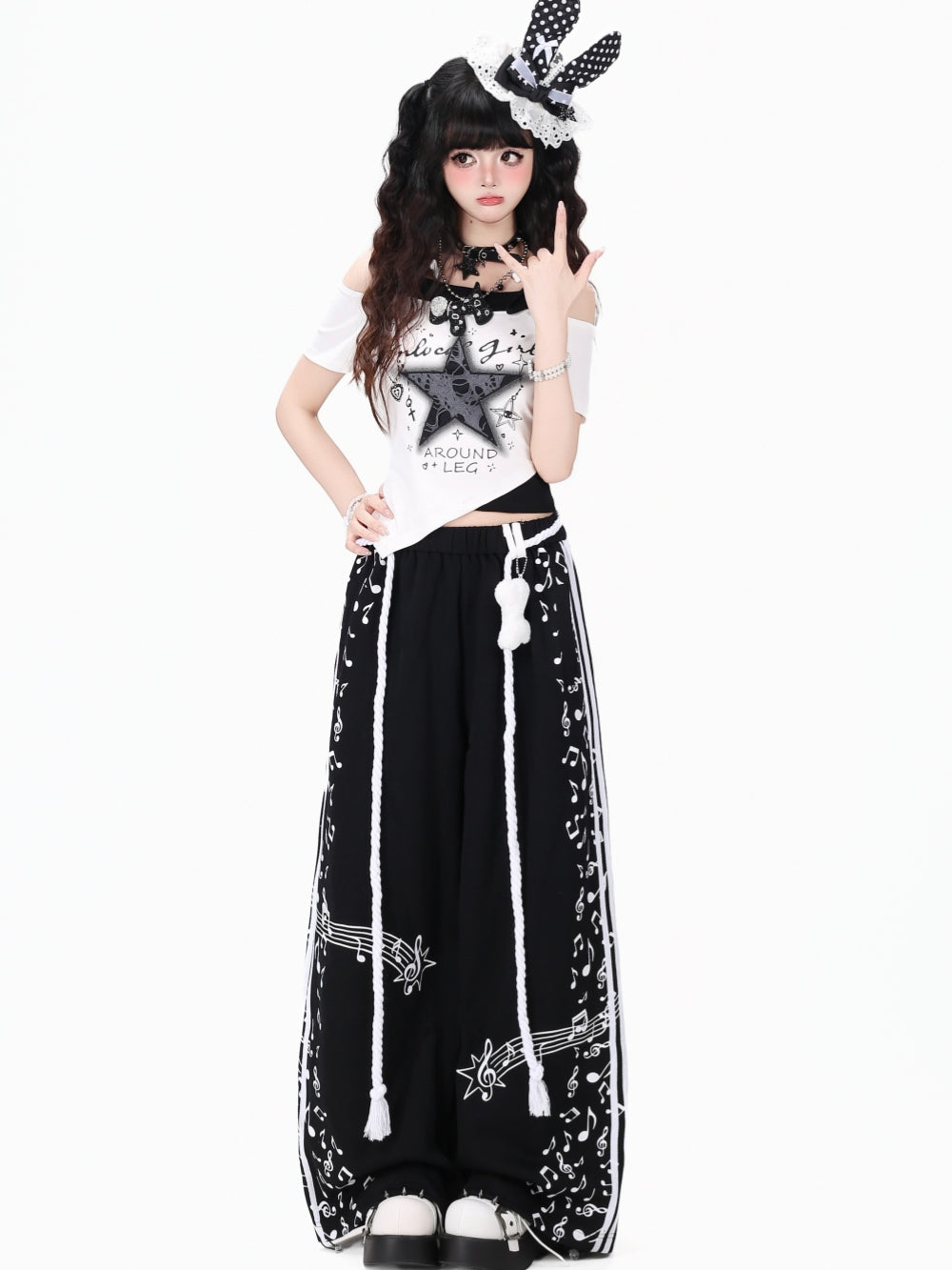 Black and White Music Note Wide Leg Pants