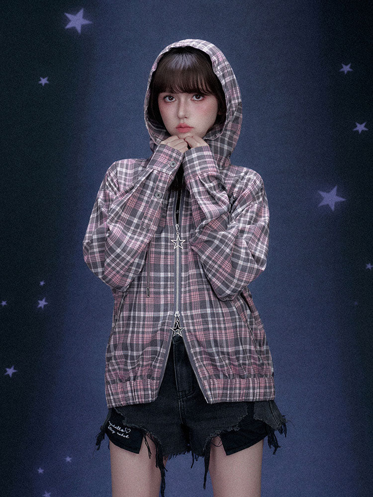 Jirai Plaid Star Zip Up Hoodie Jacket