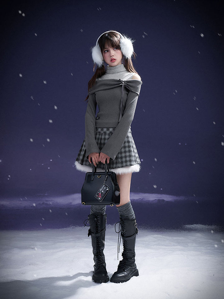 Gray Plaid Fuzzy Trim Pleated Mini Skirt