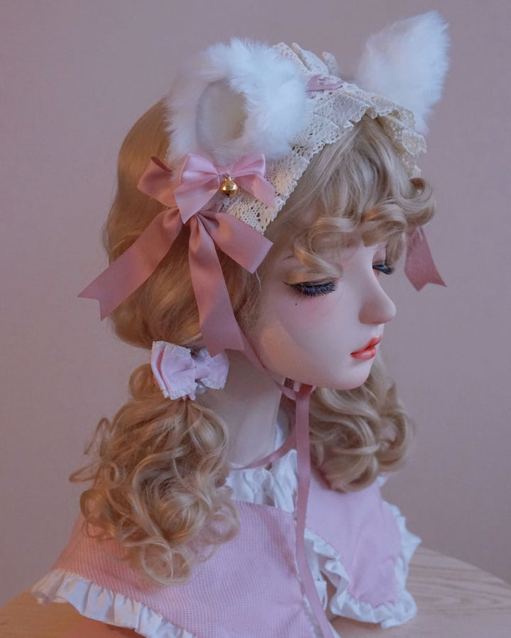 White Cat Ear Fluffy Headband with Bell and Bow