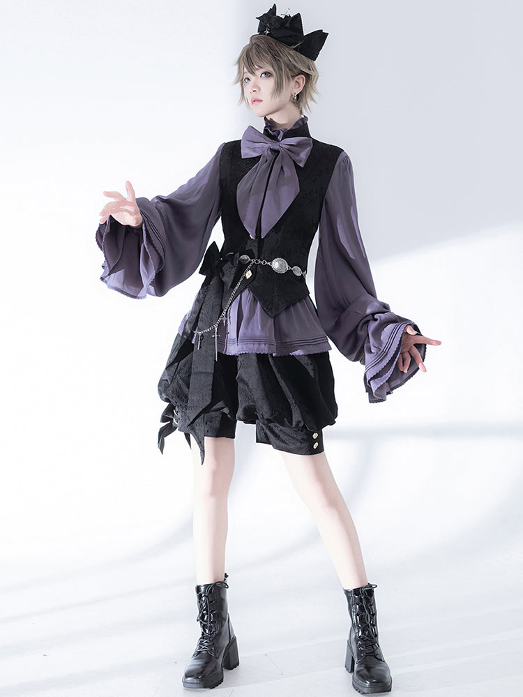 Elegant Purple Blouse with Large Bow and Ruffle Sleeves