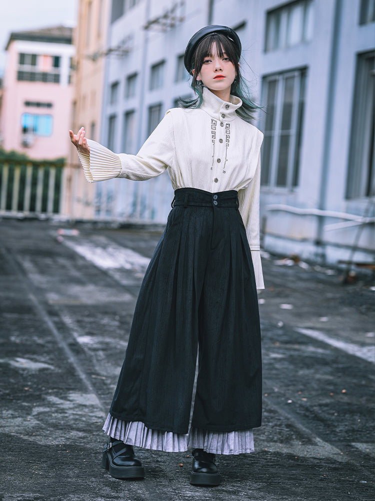 Chinese Style Double-Layer Pleated Black High-Waisted Wide-Leg Pant