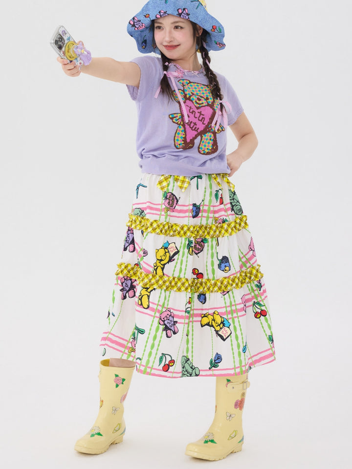 Pastel Bear Print Ruffle Bow Dress