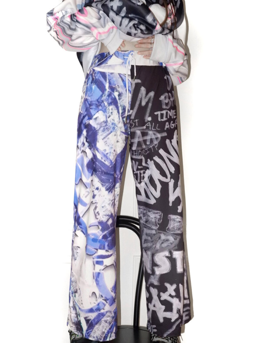 Blue Black Graffiti Wide Leg Pants