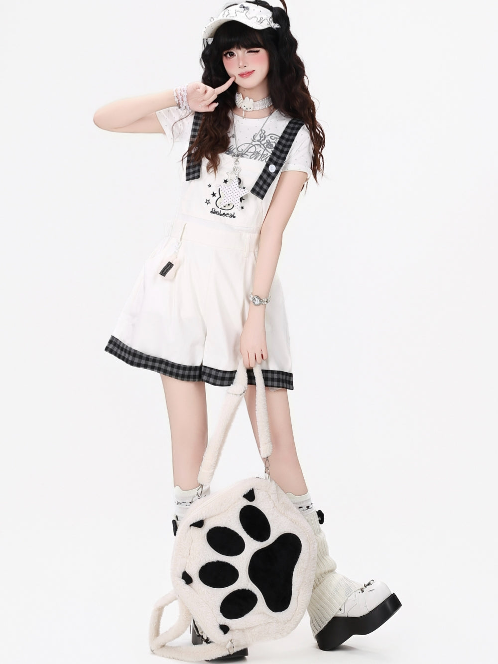 Bunny Plaid Trim Suspender Shorts