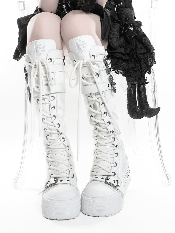 Platform Lace-Up Buckle Knee-High Boots