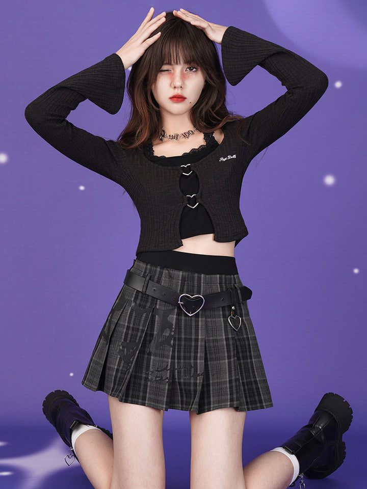 Gray Plaid Heart Belt Pleated Mini Skirt