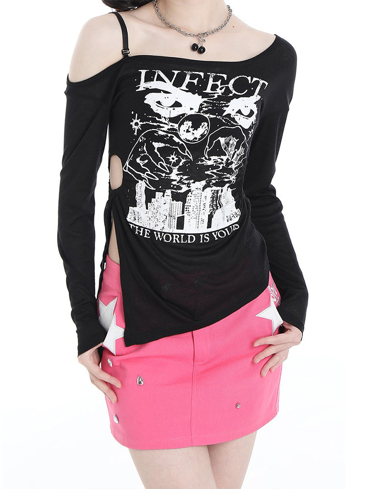 Korean Mesh Long-sleeved Thin Spring and Autumn Shoulder-baring Top