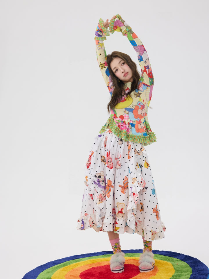 Colorful Cartoon Ruffle Layering Top