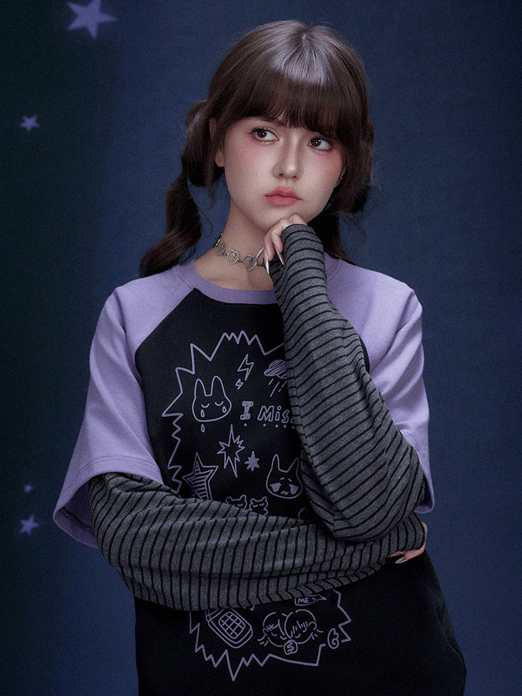 Black Purple Graffiti Print Faux Two Piece Top