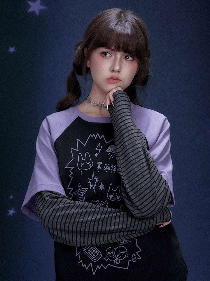 Black Purple Graffiti Print Faux Two Piece Top