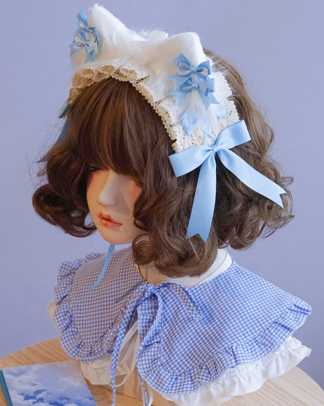 Light Blue Bow Lace Cat Ear Headband