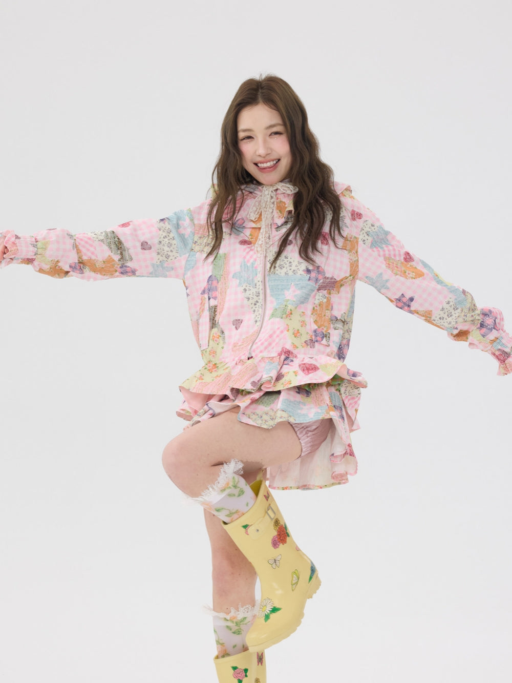 Pink Patchwork Hooded Jacket / Short Skirt